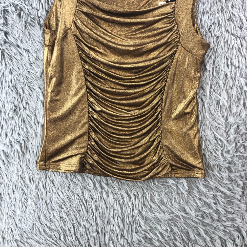 Libra Top Womens Medium Metallic Gold Drape Front Sleeveless Blouse - Picture 2 of 9
